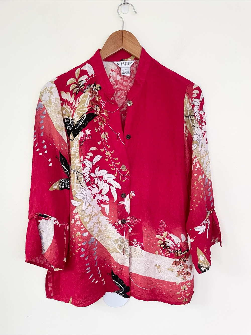 Citron 100% Silk Asian Inspired Butterfly Print Mandarin Collar Button Up Top S